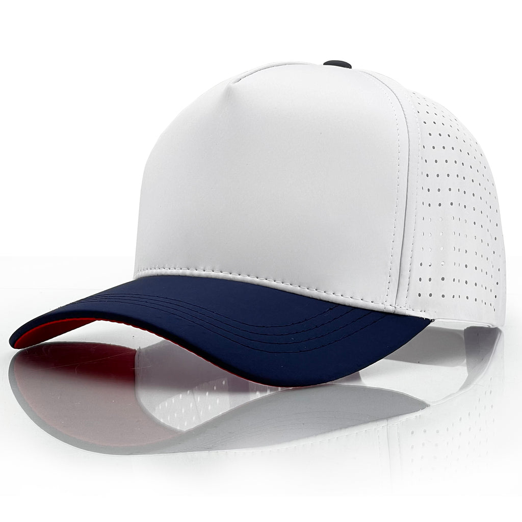 Kingsle - Blank Hat - 5 Panels White & Navy Blue Brim - Poly ProCap - Unisex - Adjustable Size - $5.50/Each - 5 Hats Bulk