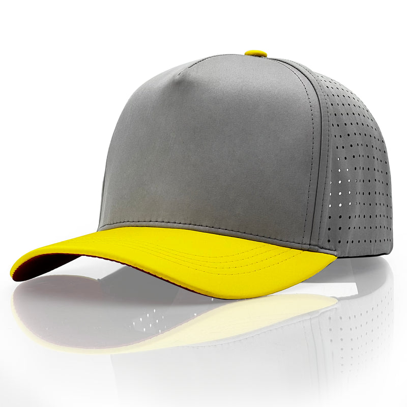 Kingsle - Blank Hat - 5 Panels Grey & Yellow Brim - Poly ProCap - Unisex - Adjustable Size - $5.50/Each - 5 Hats Bulk