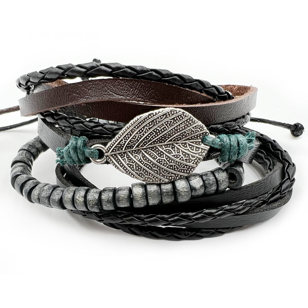 KINGSLE Geniune Leather Bracelets for Men Women - Stackable bracelet  - Adjustable (A01: Skeleton Leaf)