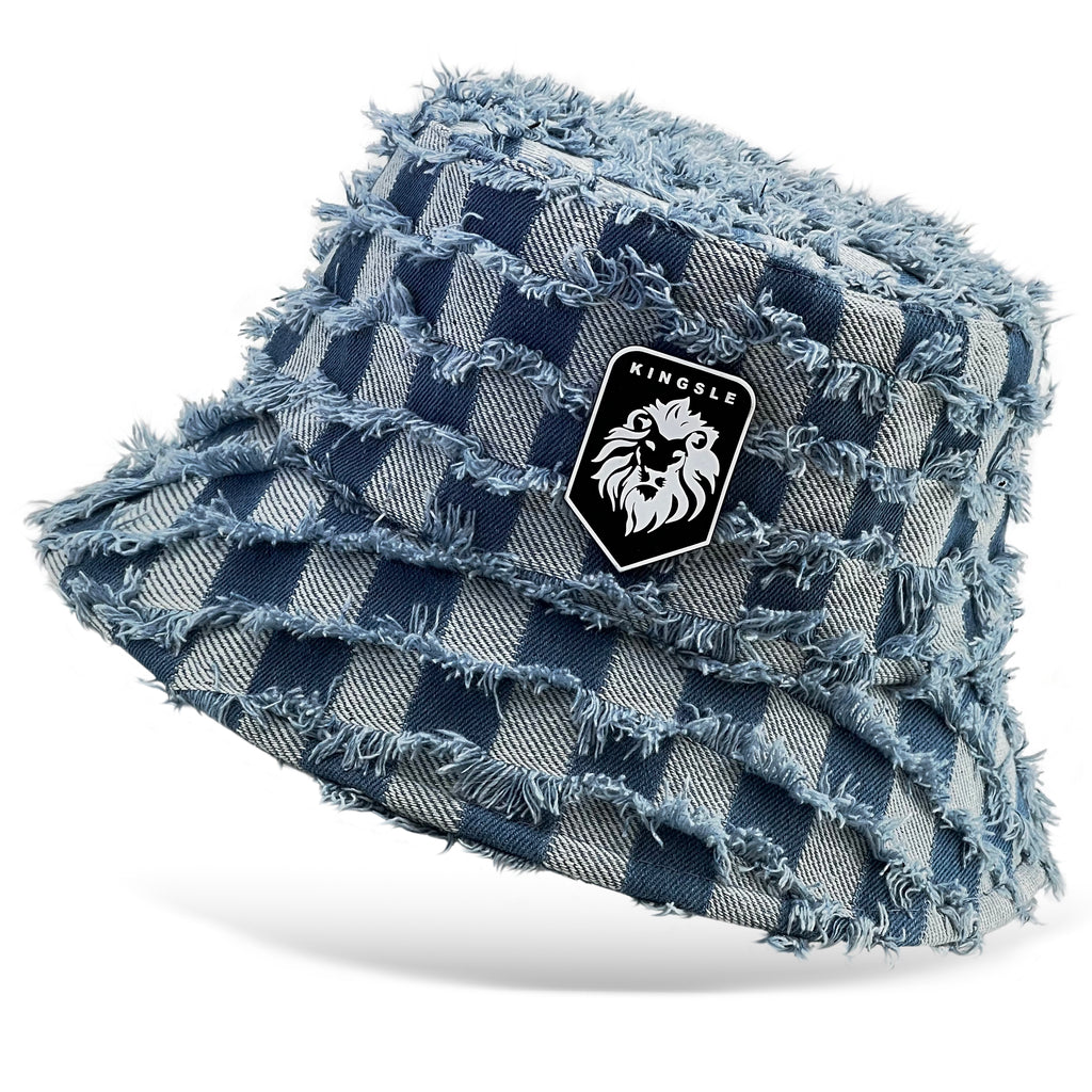 Kingsle Blue Cotton Checker Bucket Hat - Unisex - One Size Fits Most