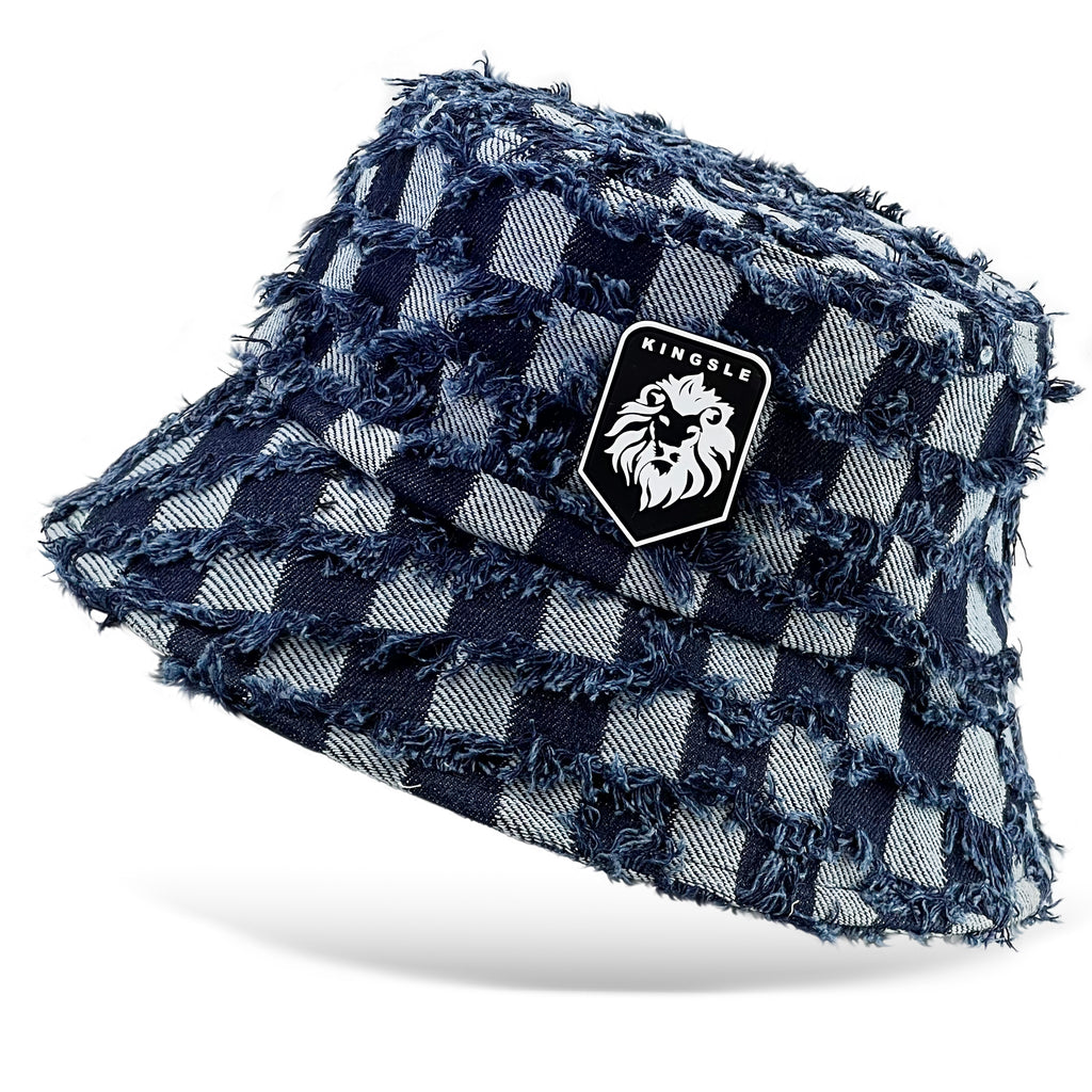 Kingsle Dark Blue Cotton Checker Bucket Hat - Unisex - One Size Fits Most